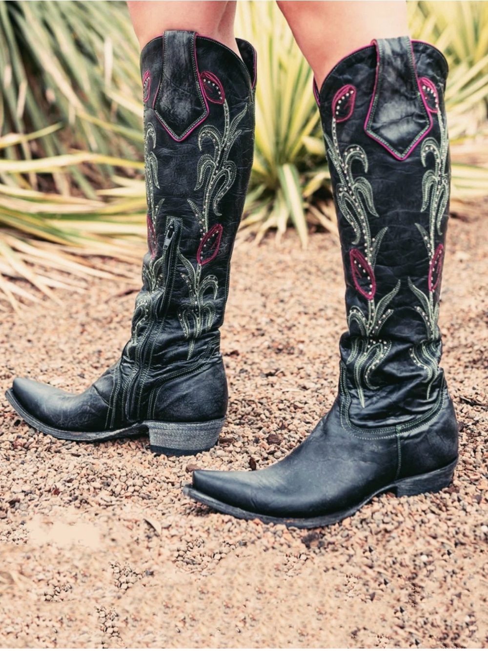 Old Gringo Black Knee height Mayra Embroidered Western Boots with Pink Trim
